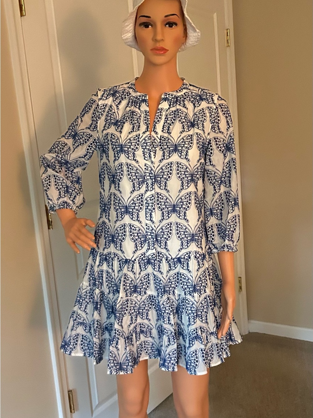 Milly White with Cobalt Butterfly Embroidery dress